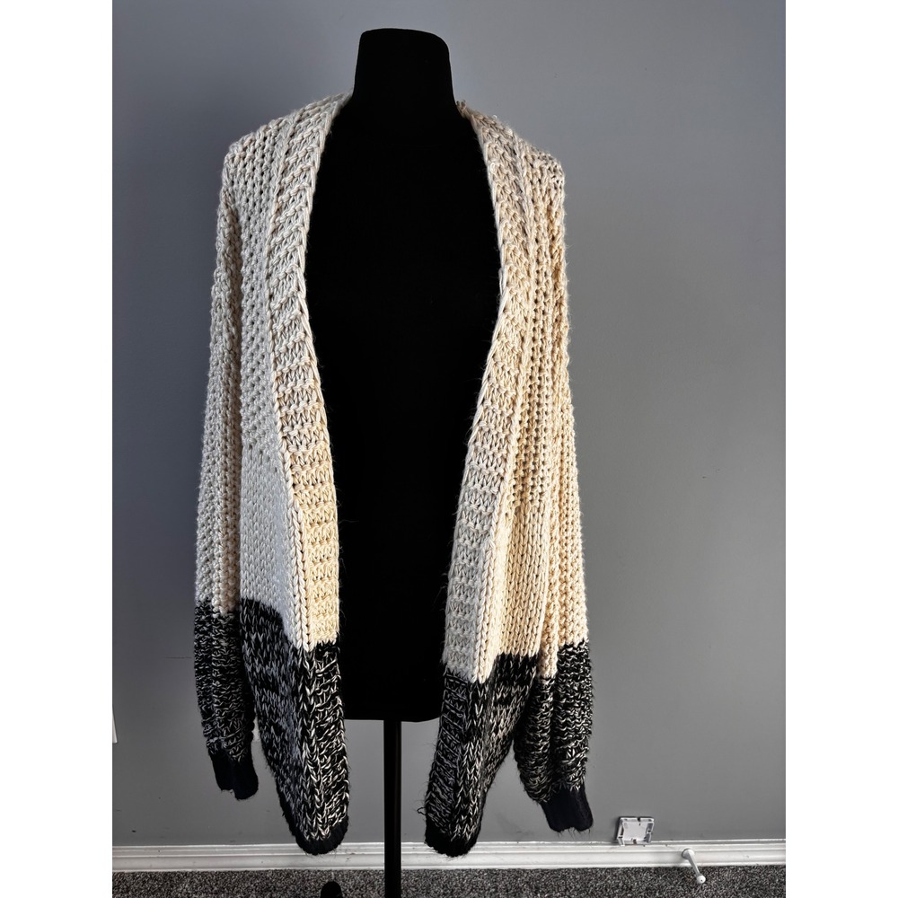 Kye Mi Chunky Knit Cardigan Sweater‎ Black Cream Oversized Open Front Large